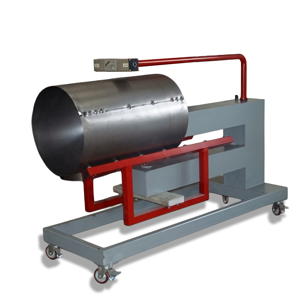 Oil barrel positioned on the destructive test rig — the upper arm applies controlled force to the weld seam to validate joint strength and integrity.
